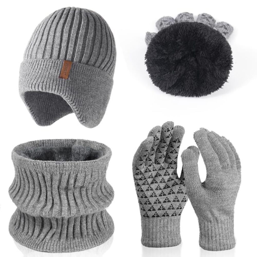 3904 Beanie Hat Scarf Touchscreen Gloves Set Winter Warm Knit Fleece Lined